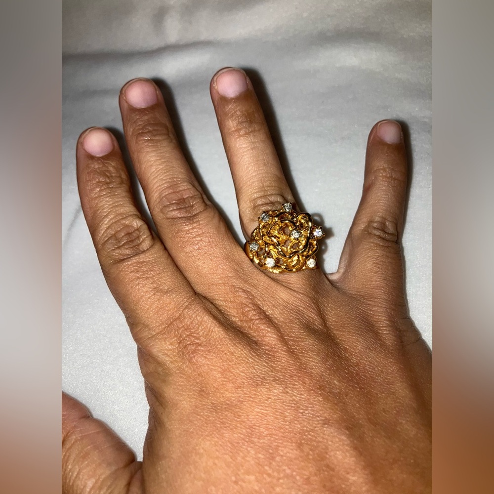 Vintage Gold Plated Rose Adjustable Ring with Crystals